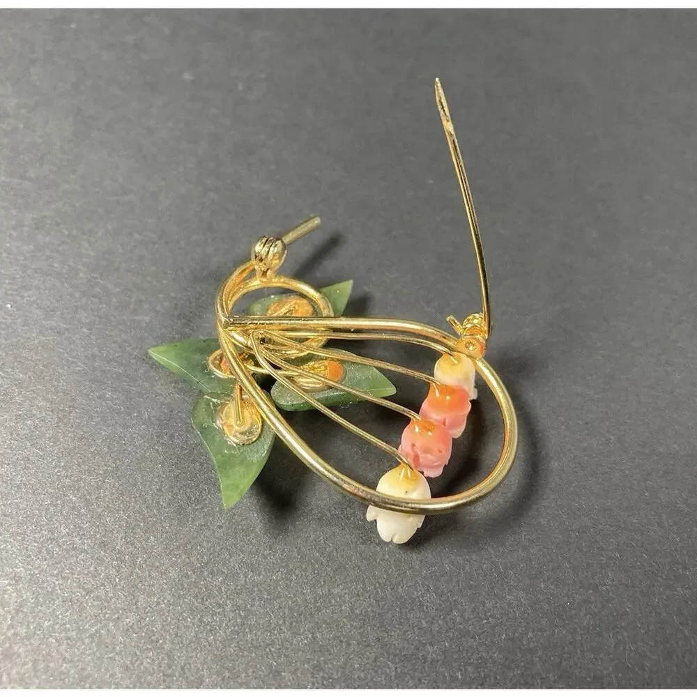 Vintage Faux Jade & Coral White Carved Rose Buds Gold Tone Pin Brooch